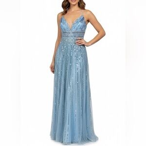 NWT Mac Duggal V Neck Spaghetti Strap Sequin Beaded Maxi Dress Gown Blue Sz 2